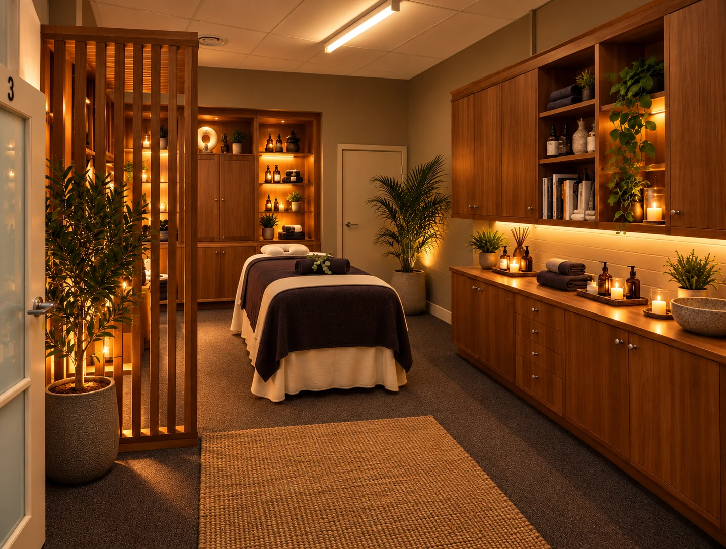 Supplied practical-luxury room reference with warm timber cabinetry, plants, softly illuminated shelves and a prepared treatment table