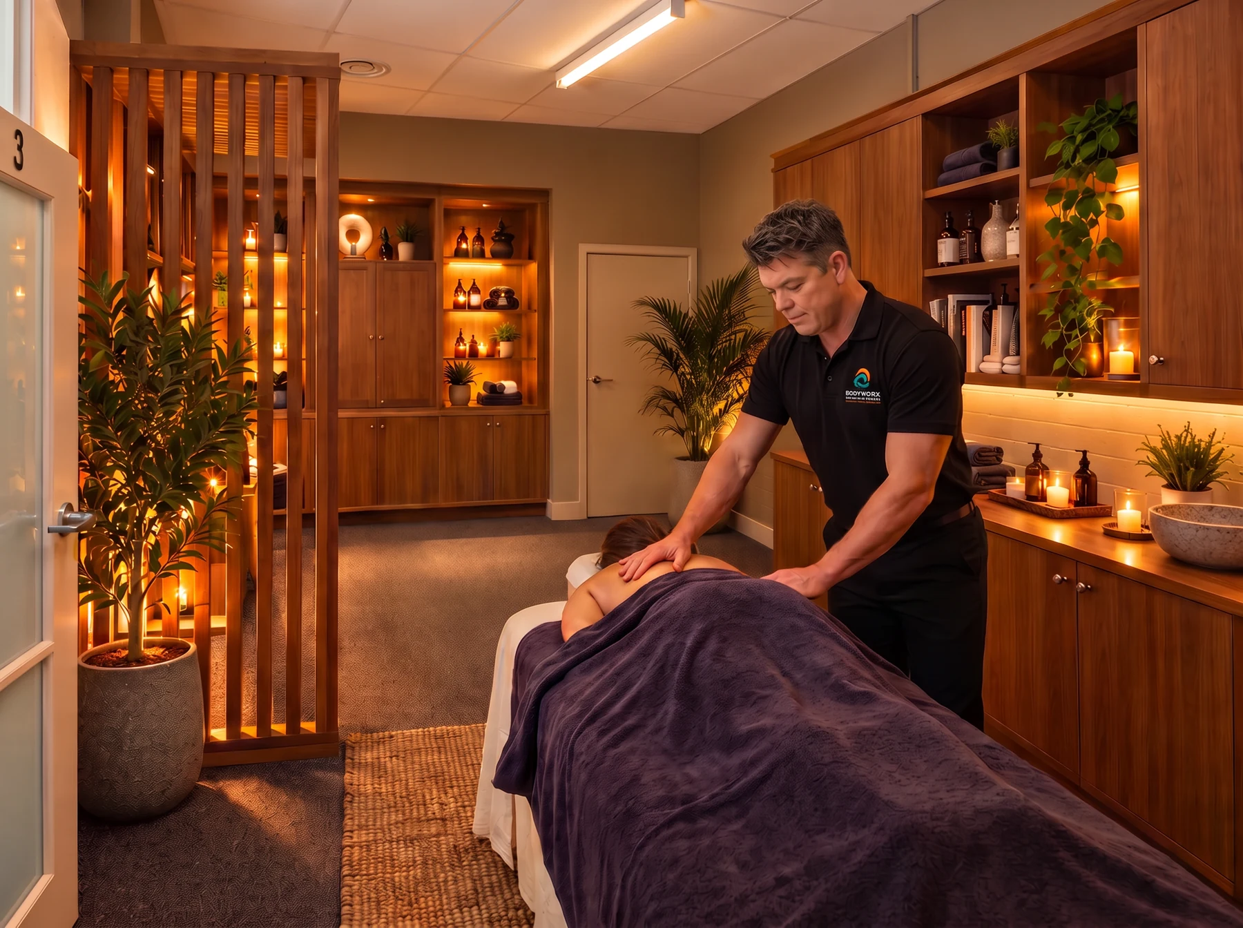 Mike Ellings in a black branded polo providing treatment in a warm timber setting